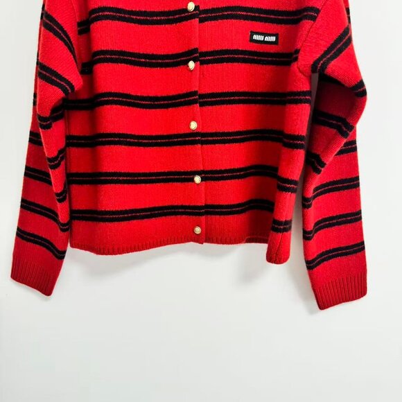 MIU MIU Shetland Knit Cardigan In Red/black - Picture 6 of 11